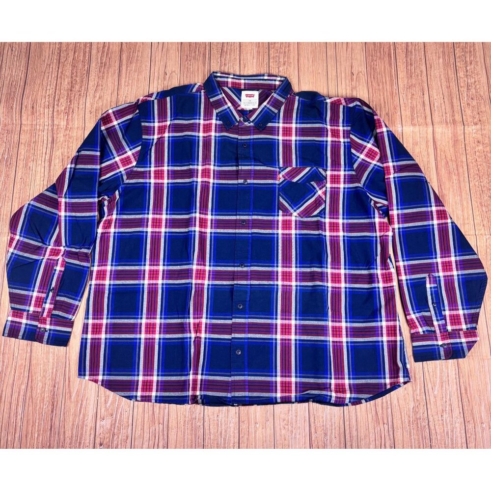 Levis Mens Blue & Red Plaid Button-Up Shirt 4XL 100% Cotton Casual Fit. Nwot.